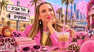 איור בהשראת הפשוטע עם אסתטיקה ורודה ונוצצת ושלטים לתל אביב ולאופקים