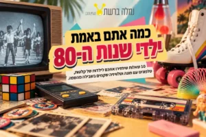 טלפון חוגה, קלטת שמע וטלוויזיה עם אנטנה בצבעי פופ, עם הכותרת: כמה אתם באמת ילדי שנות ה-80?
